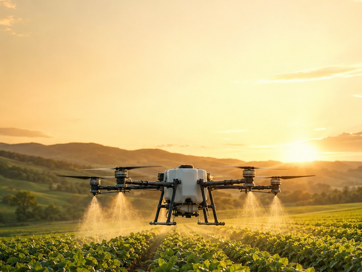 Drone agrícola pulverizando uma lavoura ao entardecer